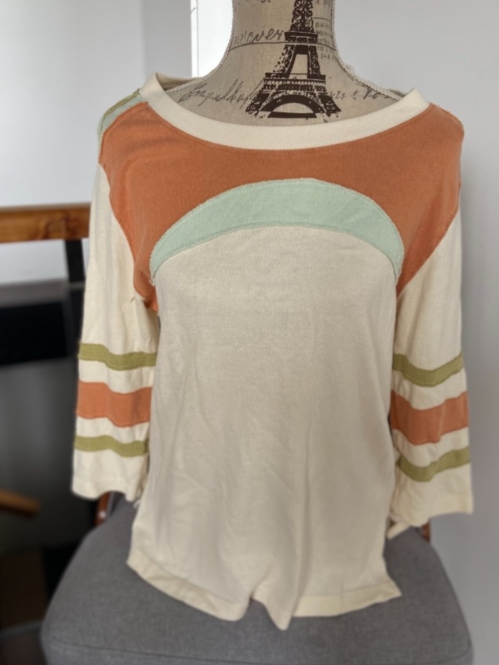 Free People Cream Colorblock Scoop Neck Top with Rust and Mint Accents